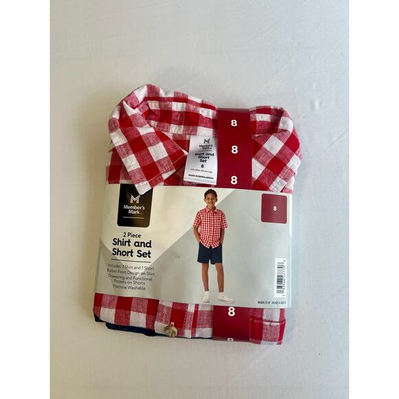Member's Mark Boy's 2 Piece Short Sleeve Shirt Short Set Red Gingham Size 8 - Picture 2 of 2